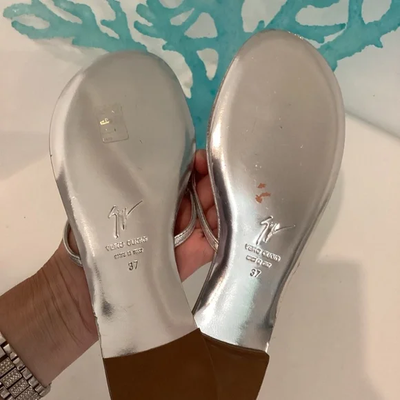 Giuseppe Zanotti NEW Silver Leather Crystal Embellished Thong Sandals Shoes 37